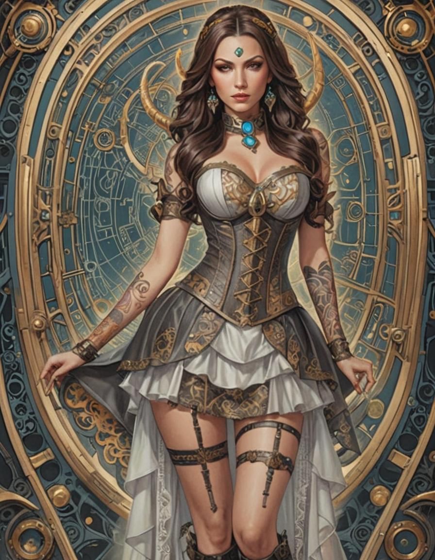 ((FULL-BODY pose, full body portrait of a beautiful woman with an intricate design, featuring elements such as horns, ...