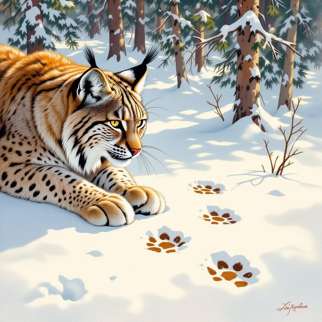 Lynx Pawprints in Fresh Snow as Watercolor