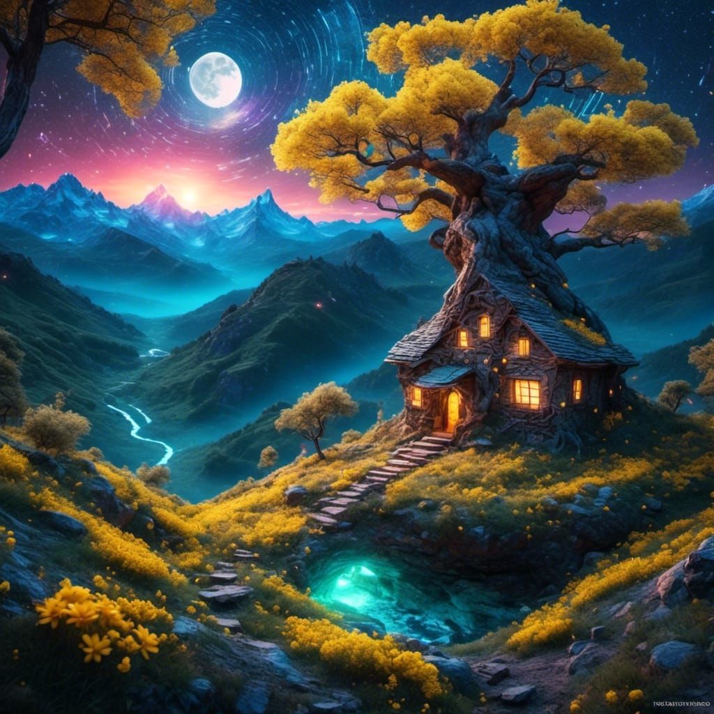 Moonlit Hobbit Hole Beneath Oak Tree