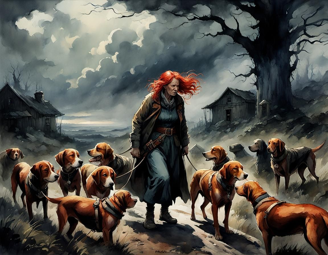 Hag with Hounds in Moody Watercolor Landscape