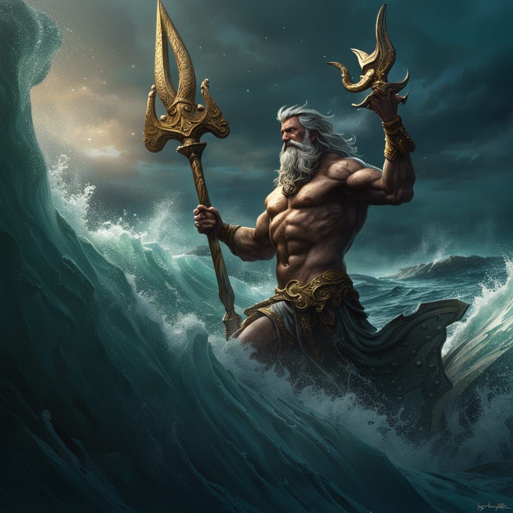 Poseidon Wielding Trident in Dark Fantasy Style