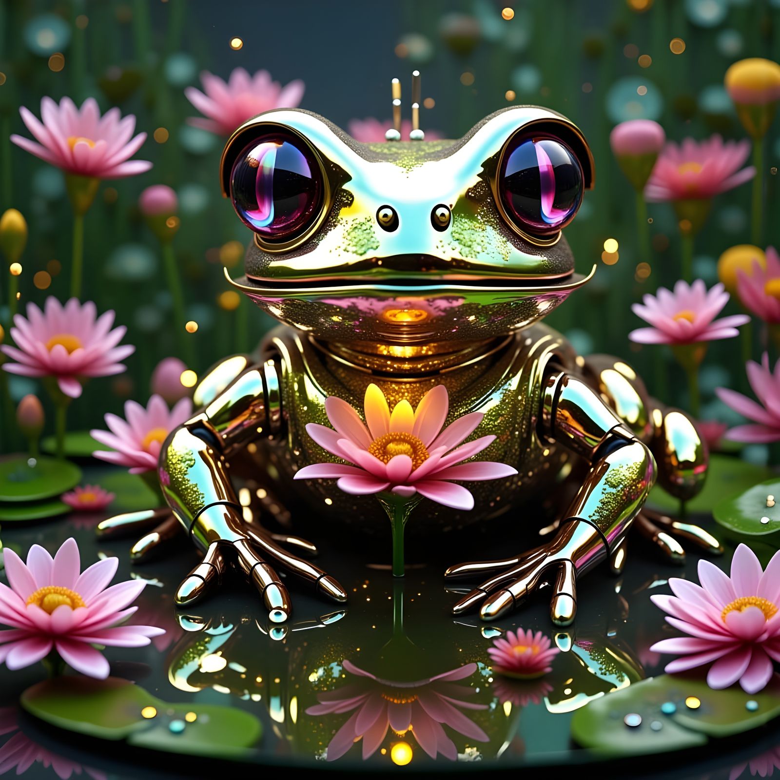 Robot Frog Covered in Flowers with Expressive Eyes