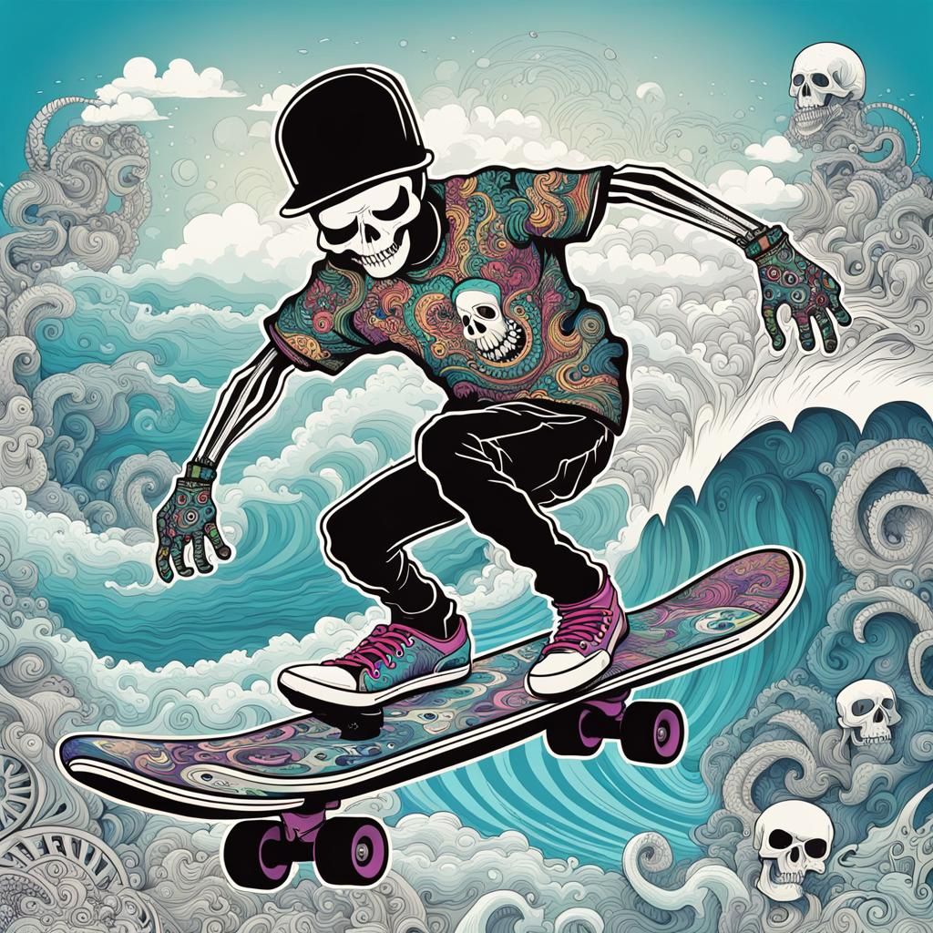 Punk Rock Skeleton Skateboarding in Ocean Scene