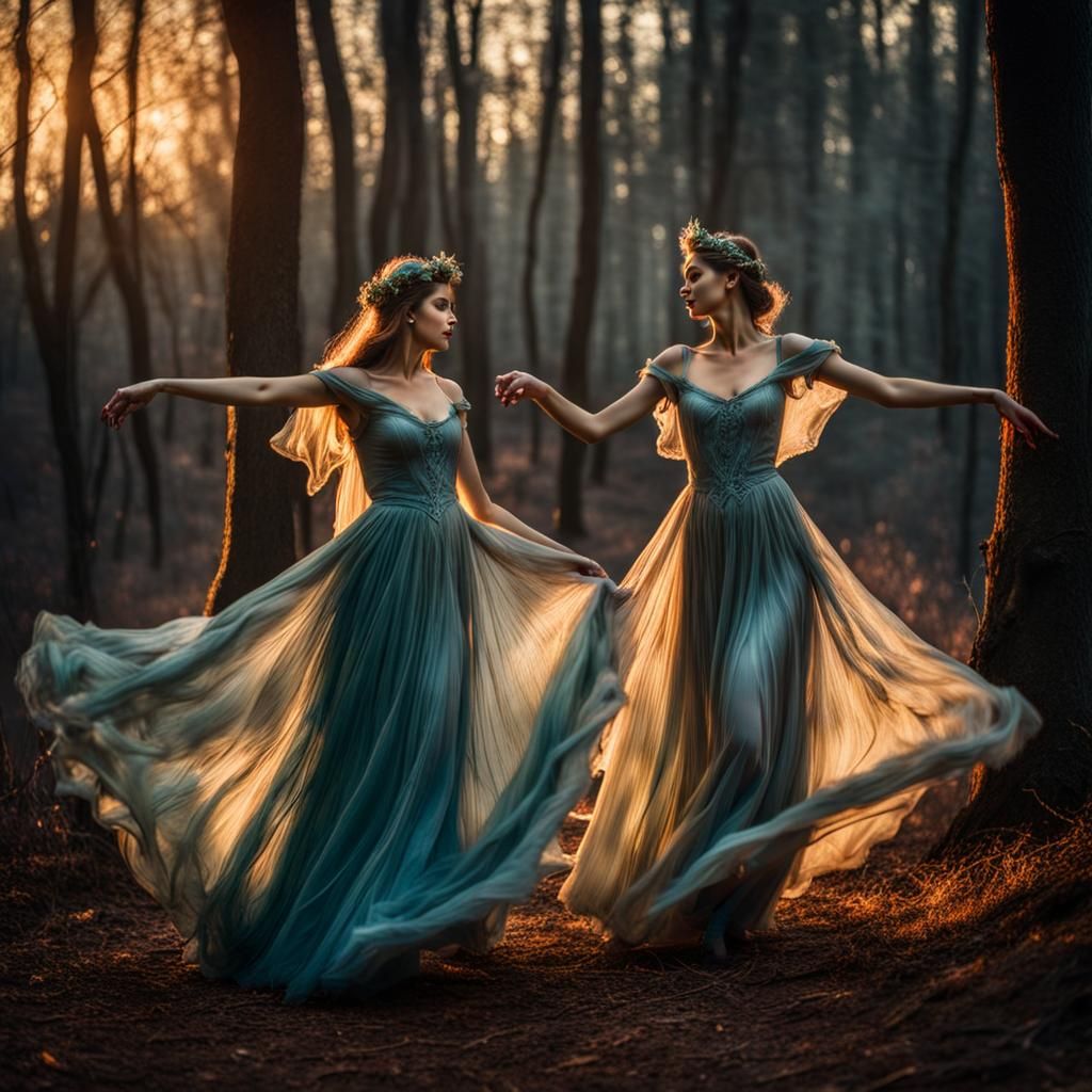 Ethereal Elves Dancing at Twilight in Hyperrealistic Style