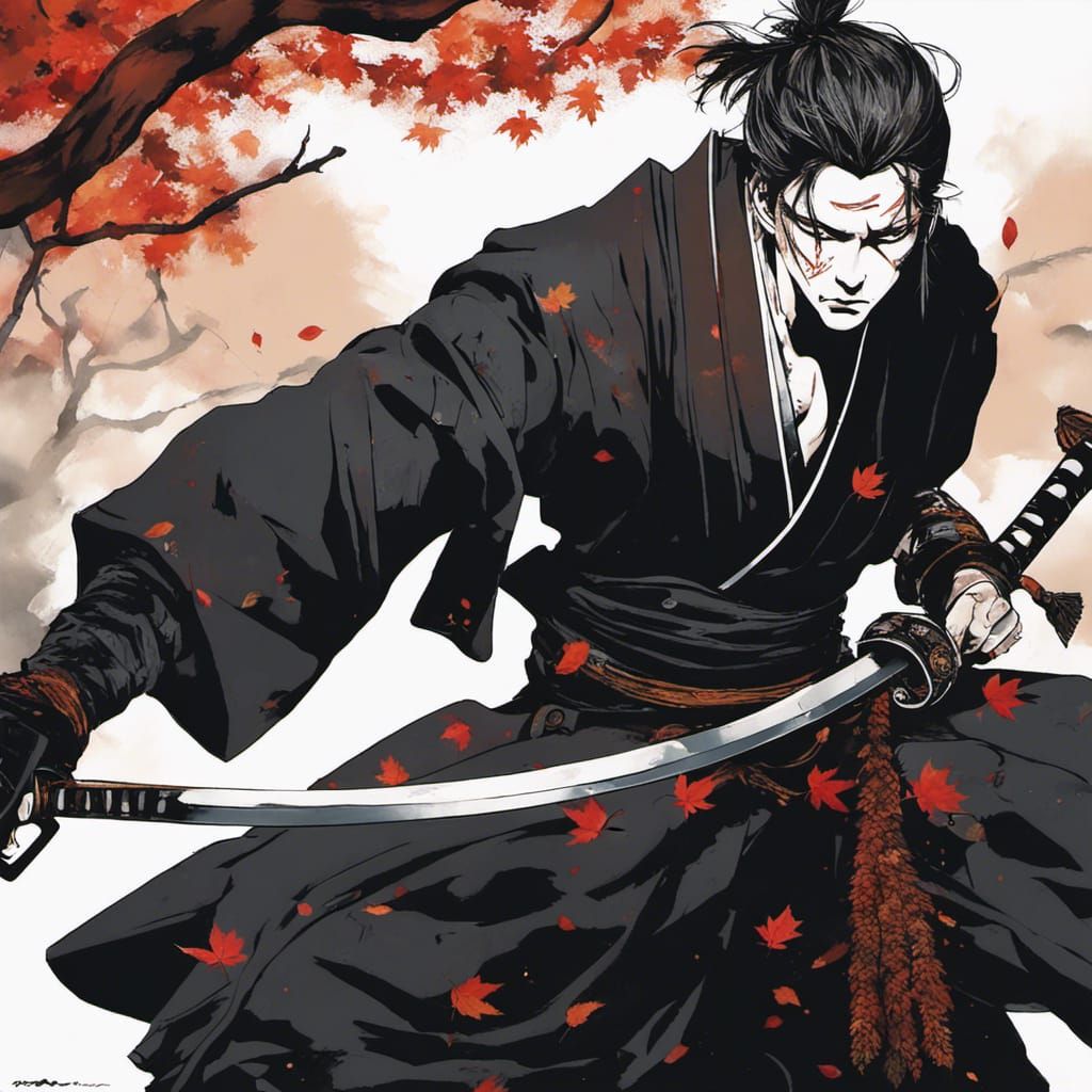 Samurai Portrait in Anime Style with Autumn Leaves