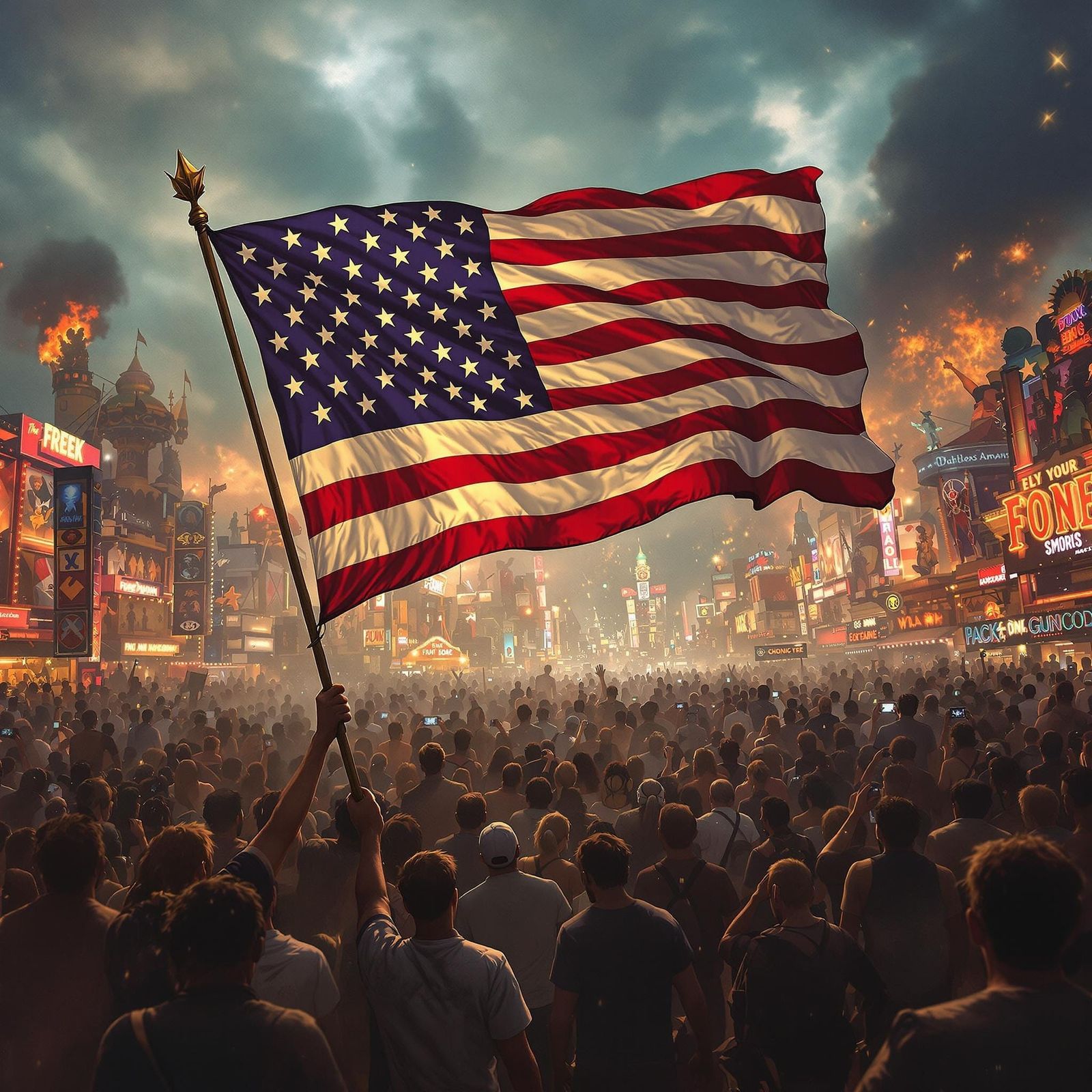 Carnival Scene with American Flag in Digital Painting