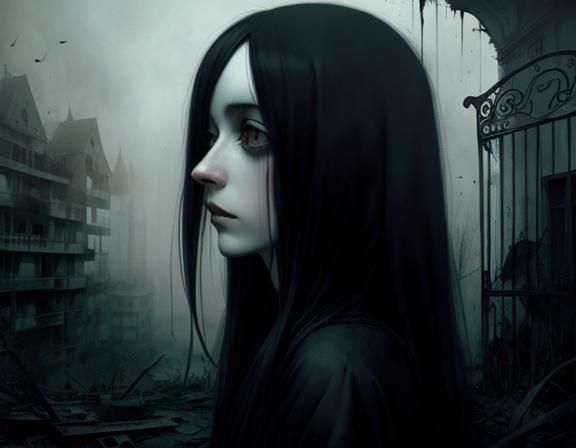 Girl in Abandoned School, Dark Whimsical Style