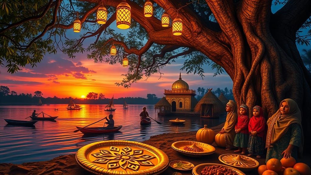 Festive Bengali Village Scene at Sunset
