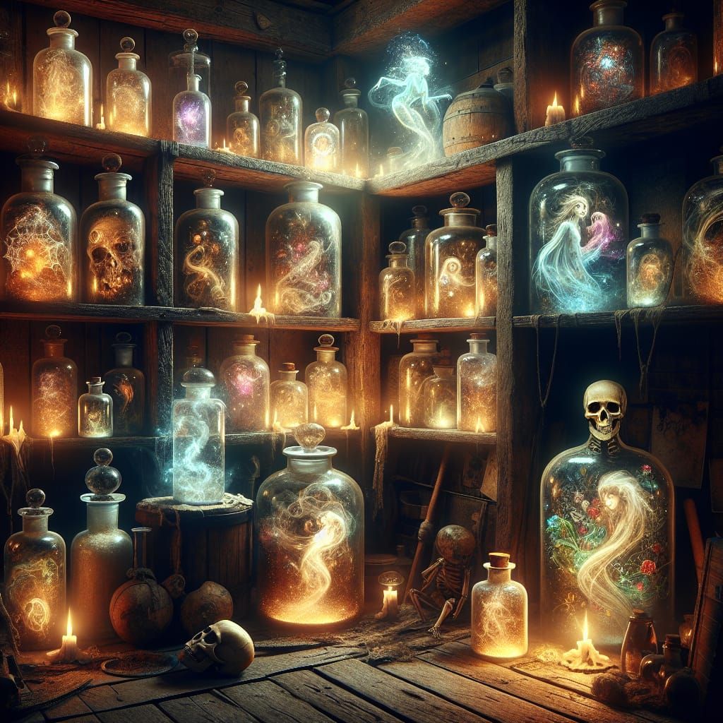 Bottled Spirits in a Sorcerer's Workshop