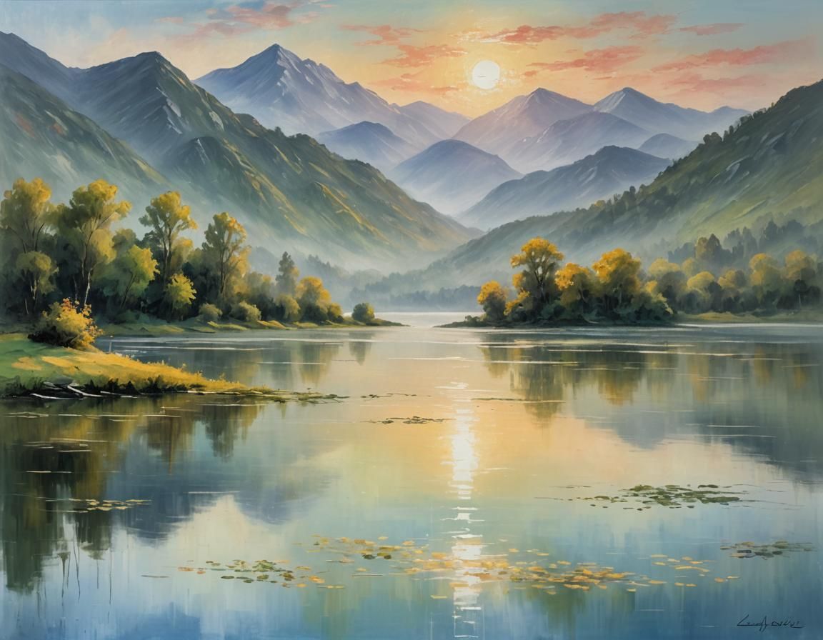 Neo-Expressionist Dawn: Calm Lake and Misty Mountains