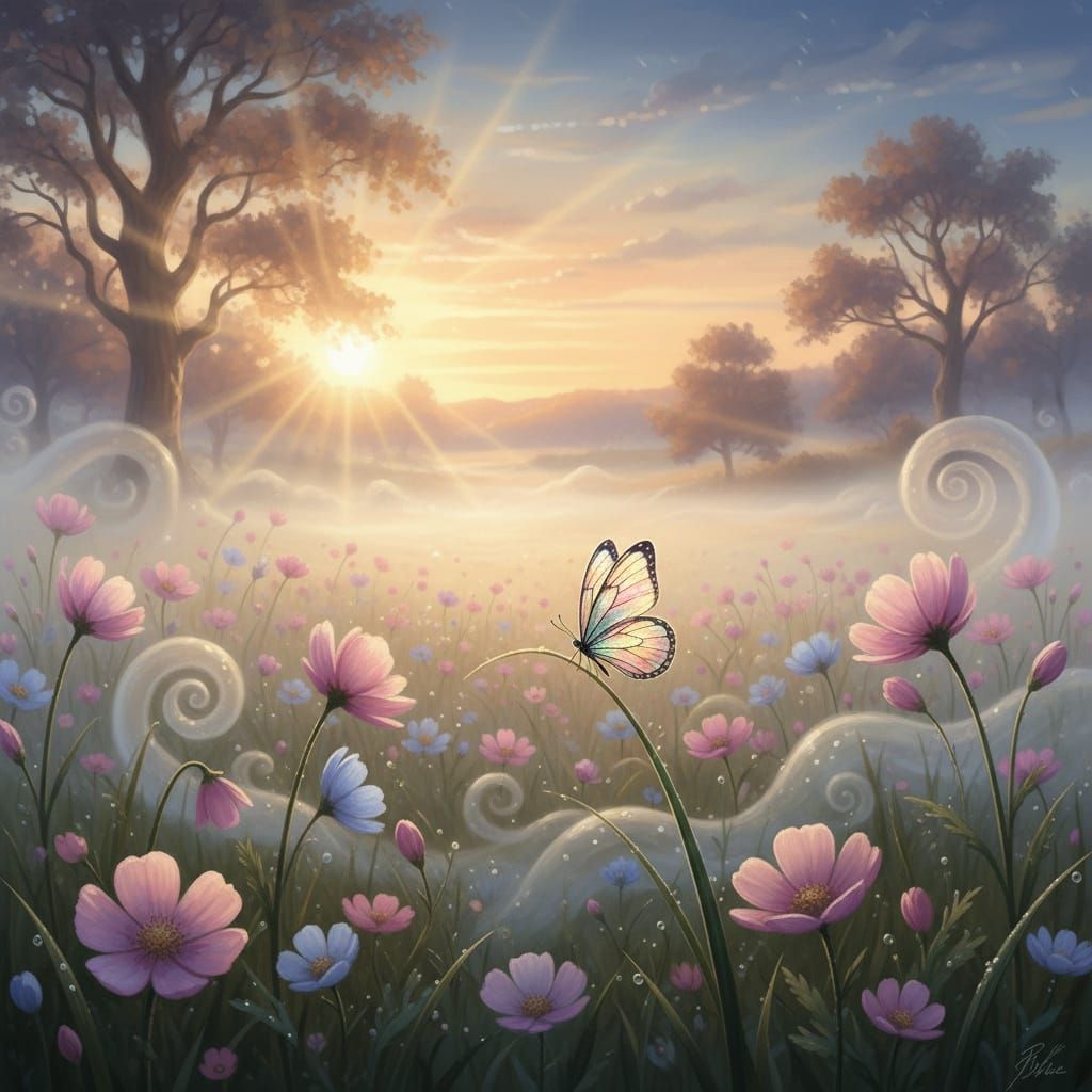 Ethereal Meadow at Dawn with Iridescent Butterfly