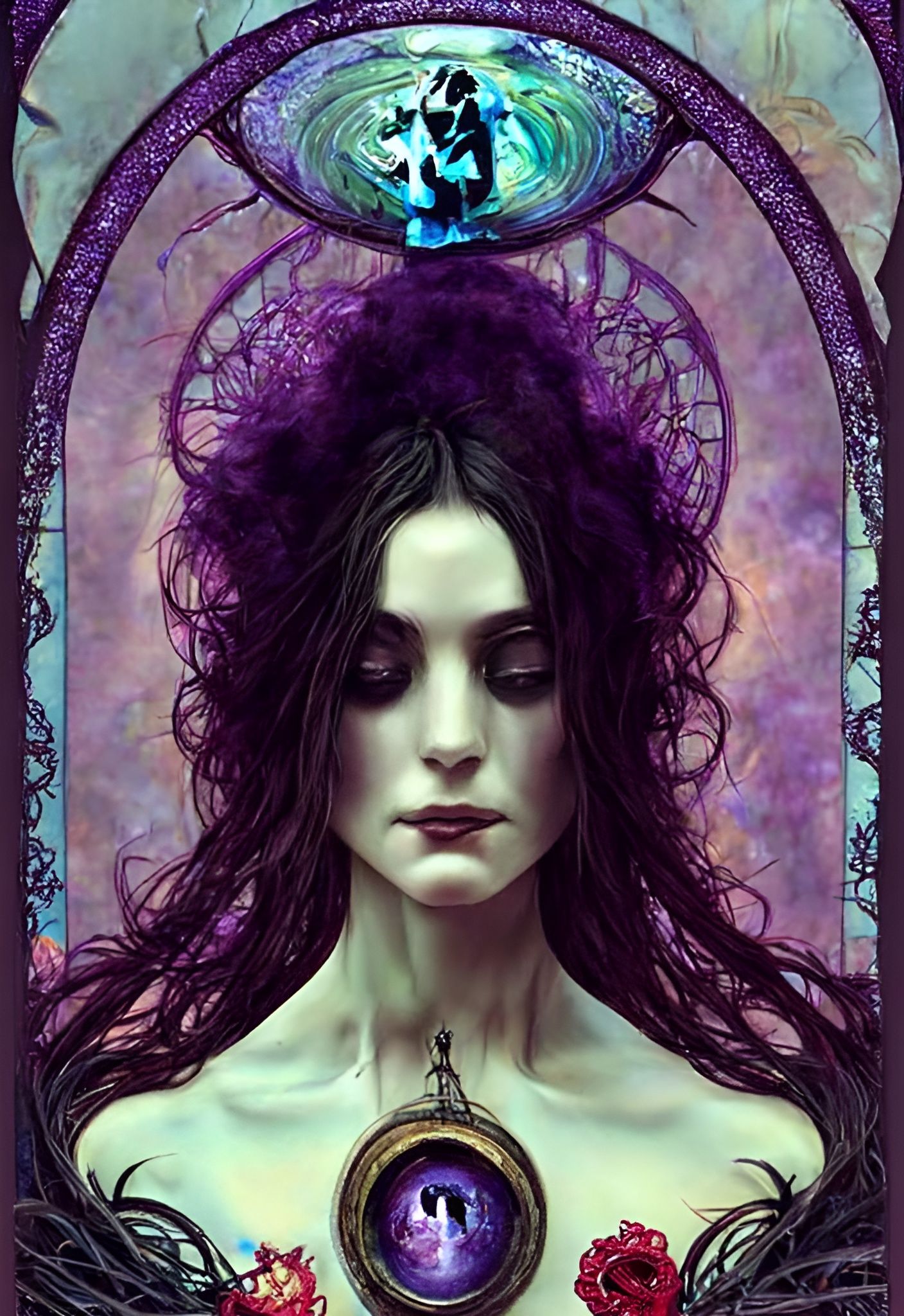 Celestial Gothic Witch Portrait in Art Nouveau Style