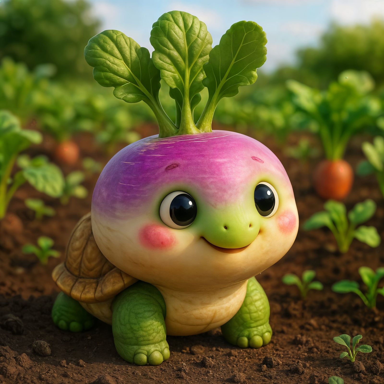 Adorable CGI Cartoon Turnip Turtle in Garden