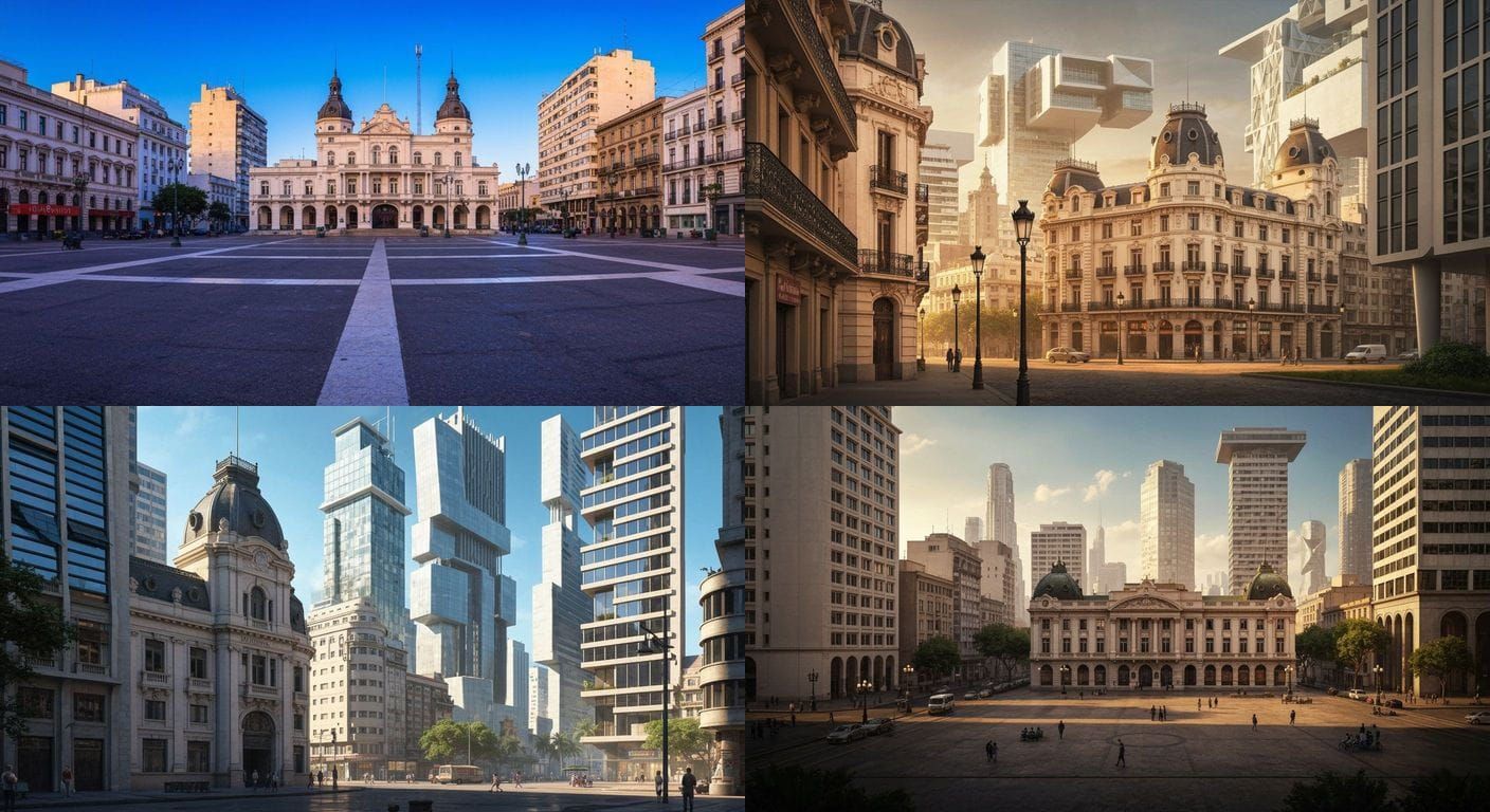 Belle Époque Plaza Cagancha Cityscape with Futuristic Buildi...