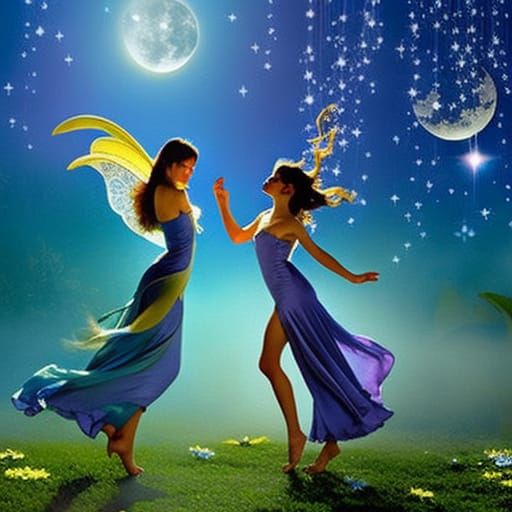 Fairies Dancing in Moonlight Rain, Romantic Style