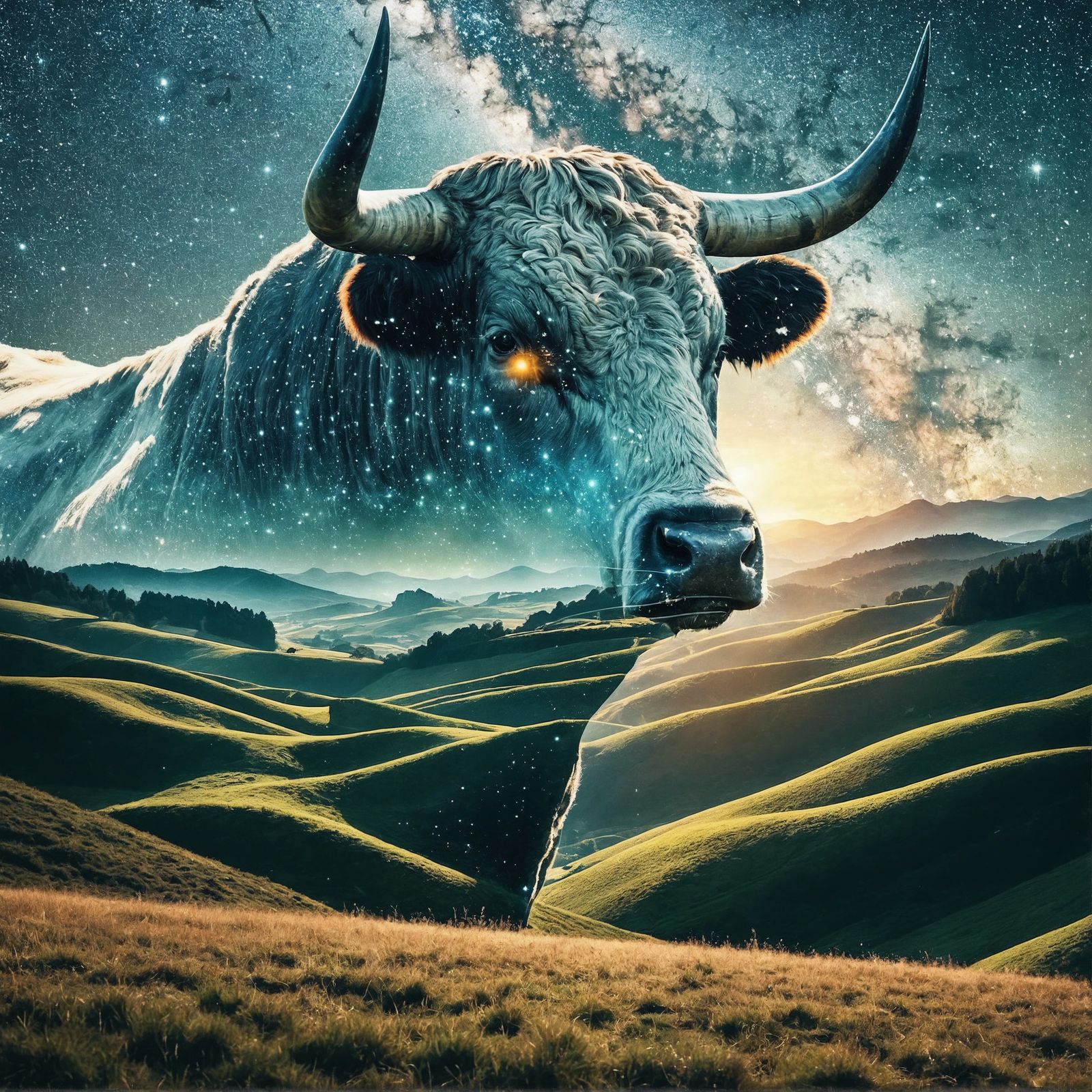 Double Exposure: Bull and Cosmic Landscape