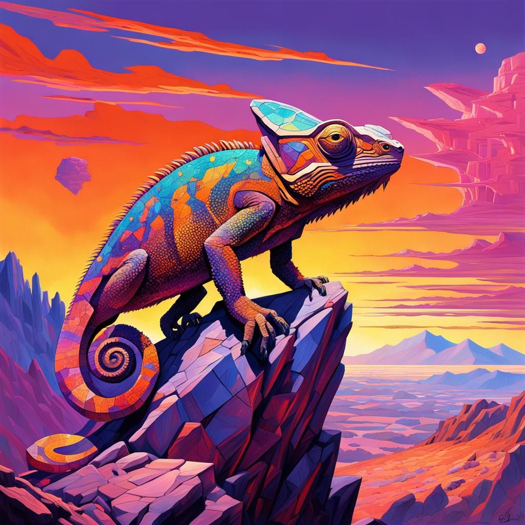 Sunset Chameleon on Mountain in Futuristic Style