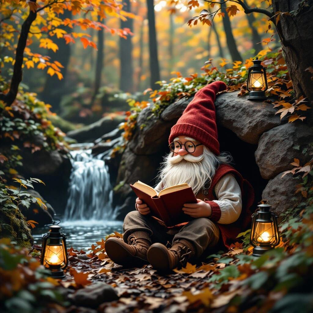 Cozy Gnome Reading in Autumn Woods