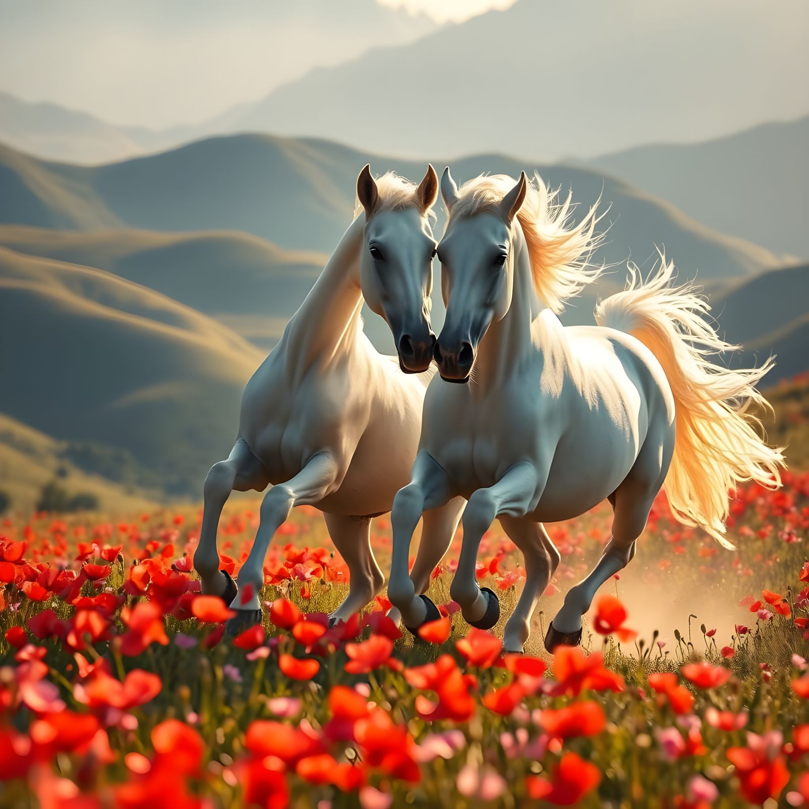 Majestic White Horses in Vibrant Countryside