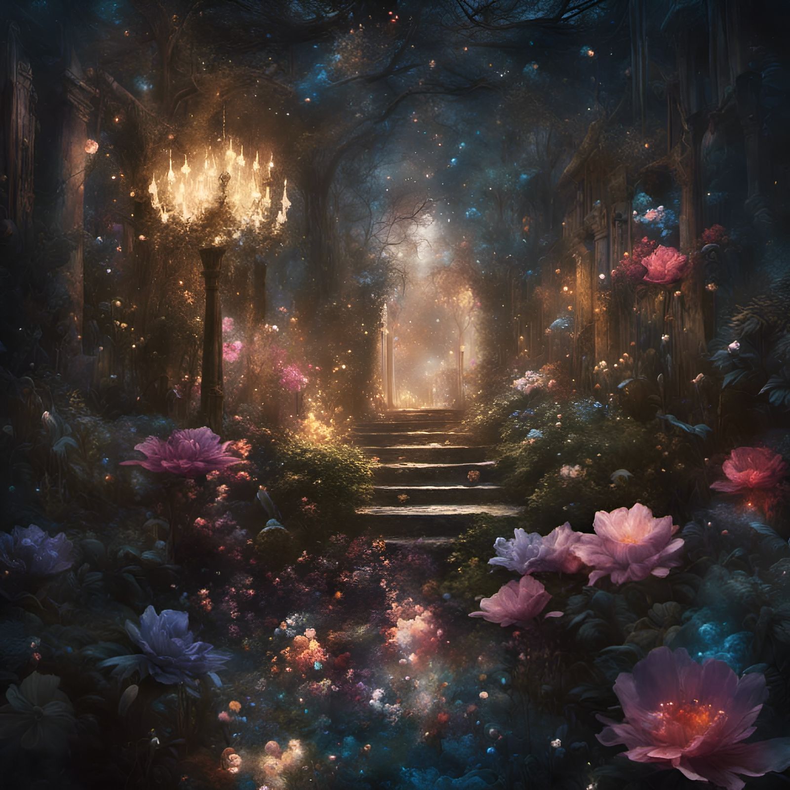 Glittering Midnight Garden with Magic Sparks