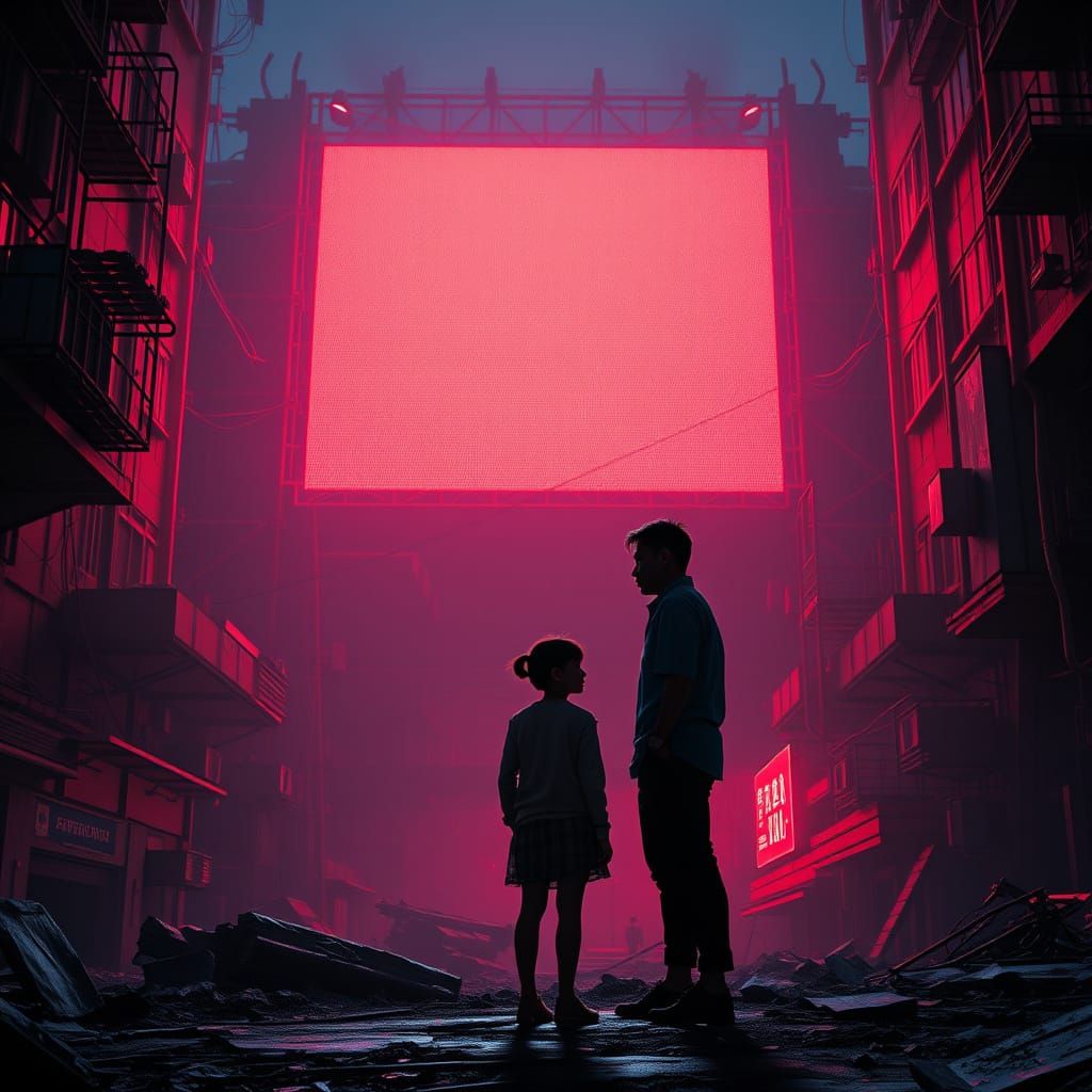 Dystopian Family in Sci-Fi Slum with LED Screen