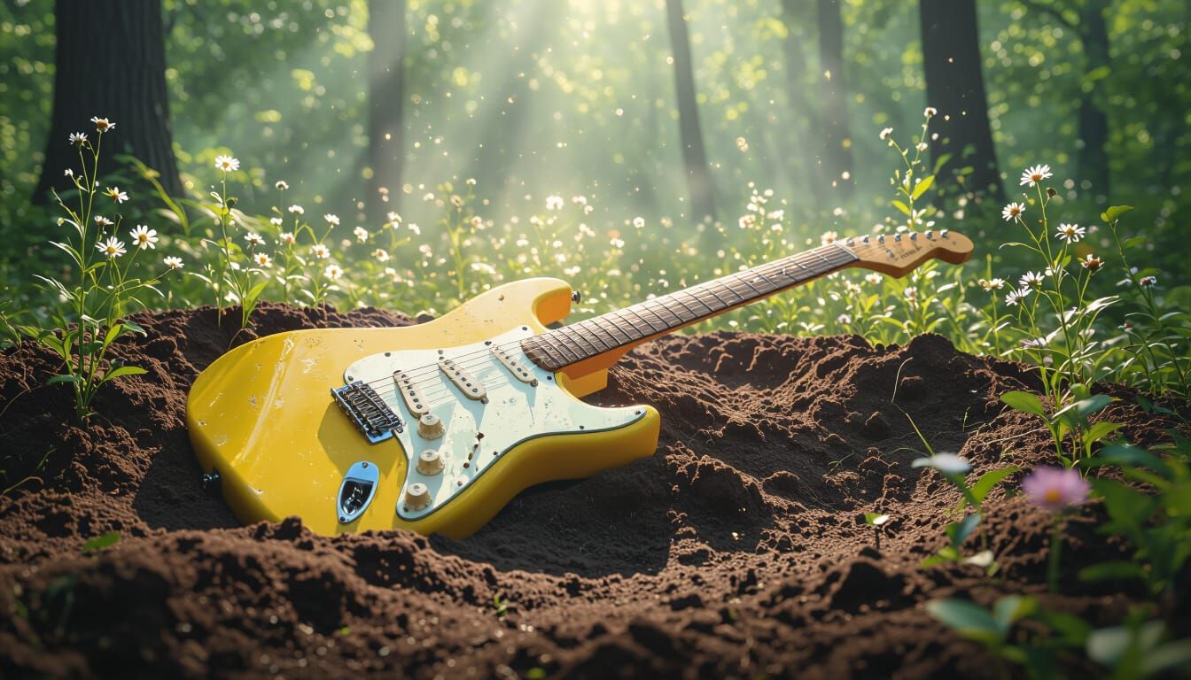 Yellow Stratocaster in Forest Clearing