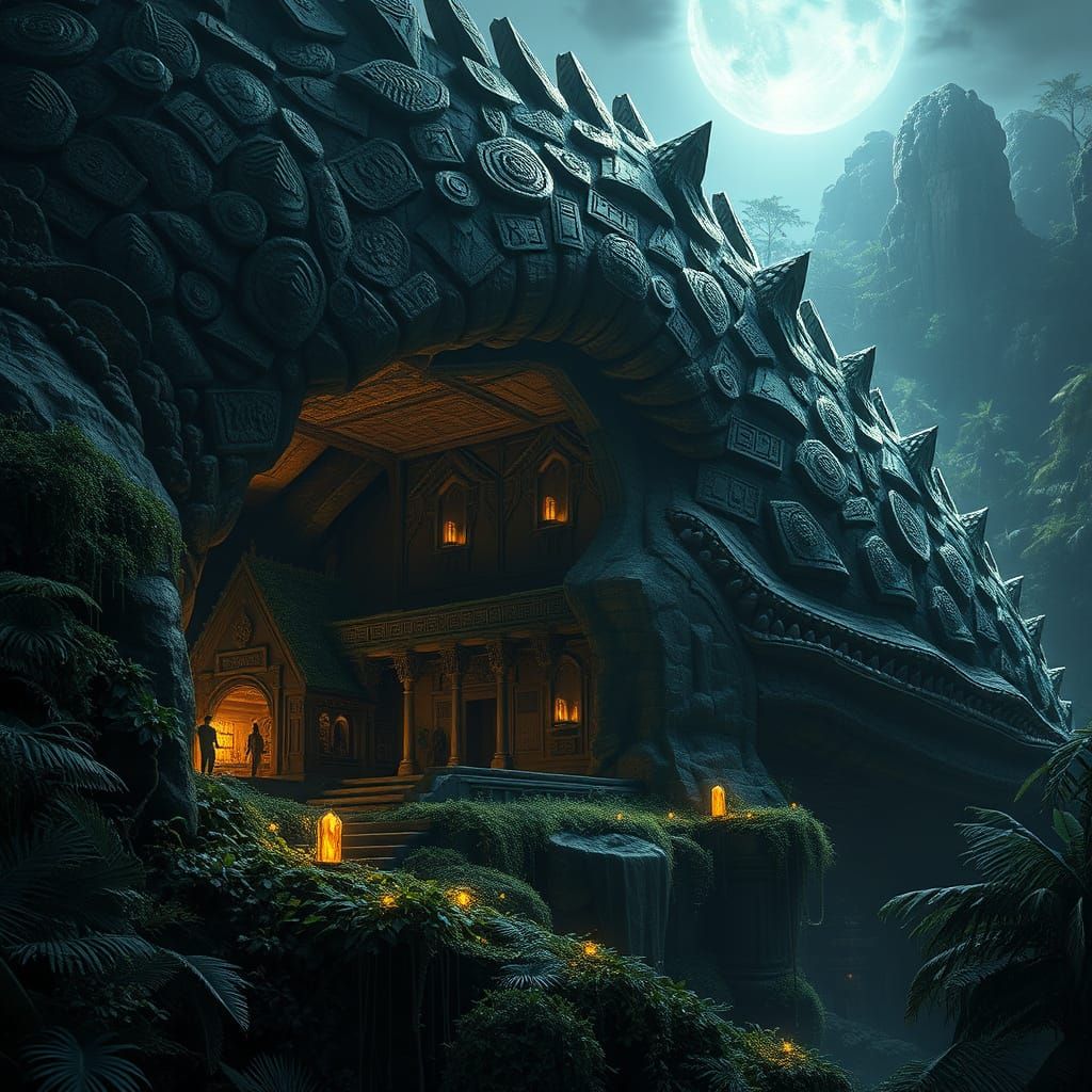 Ancient Temple on Sleeping Leviathan, Dark Fantasy Art