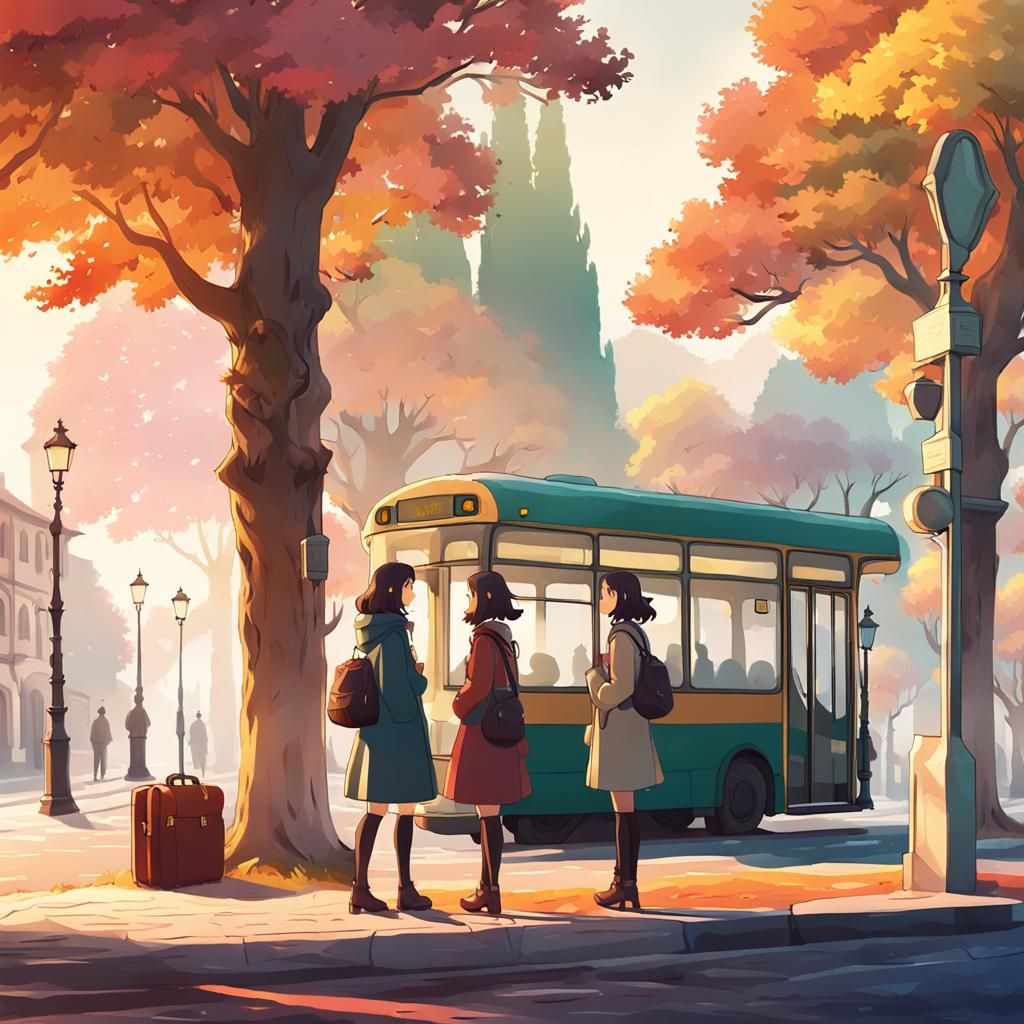 Italian Town Bus Stop, Studio Ghibli Style