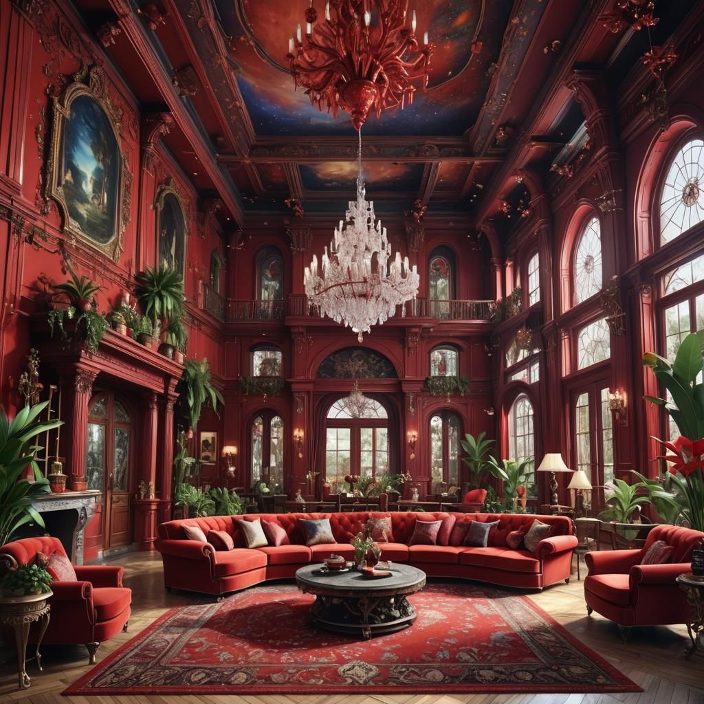 Opulent Red House with Crystal Accents, Digital Art