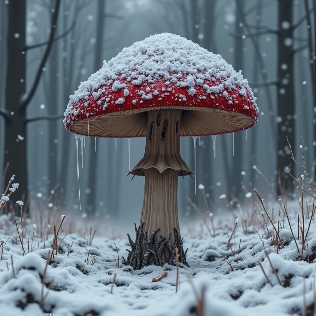 Whimsical Winter Wonderland Featuring a Merry Mushroom