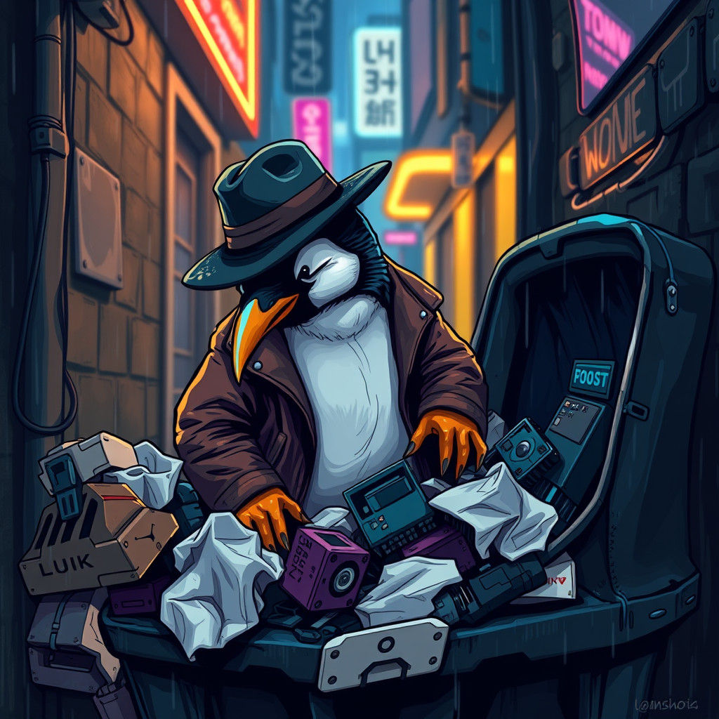 Penguin-Pangolin Hybrid Scavenging in Neon Alleyway