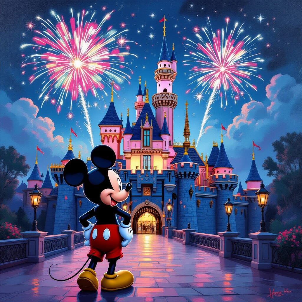 Mickey Mouse and Pink Castle: Oil Painting