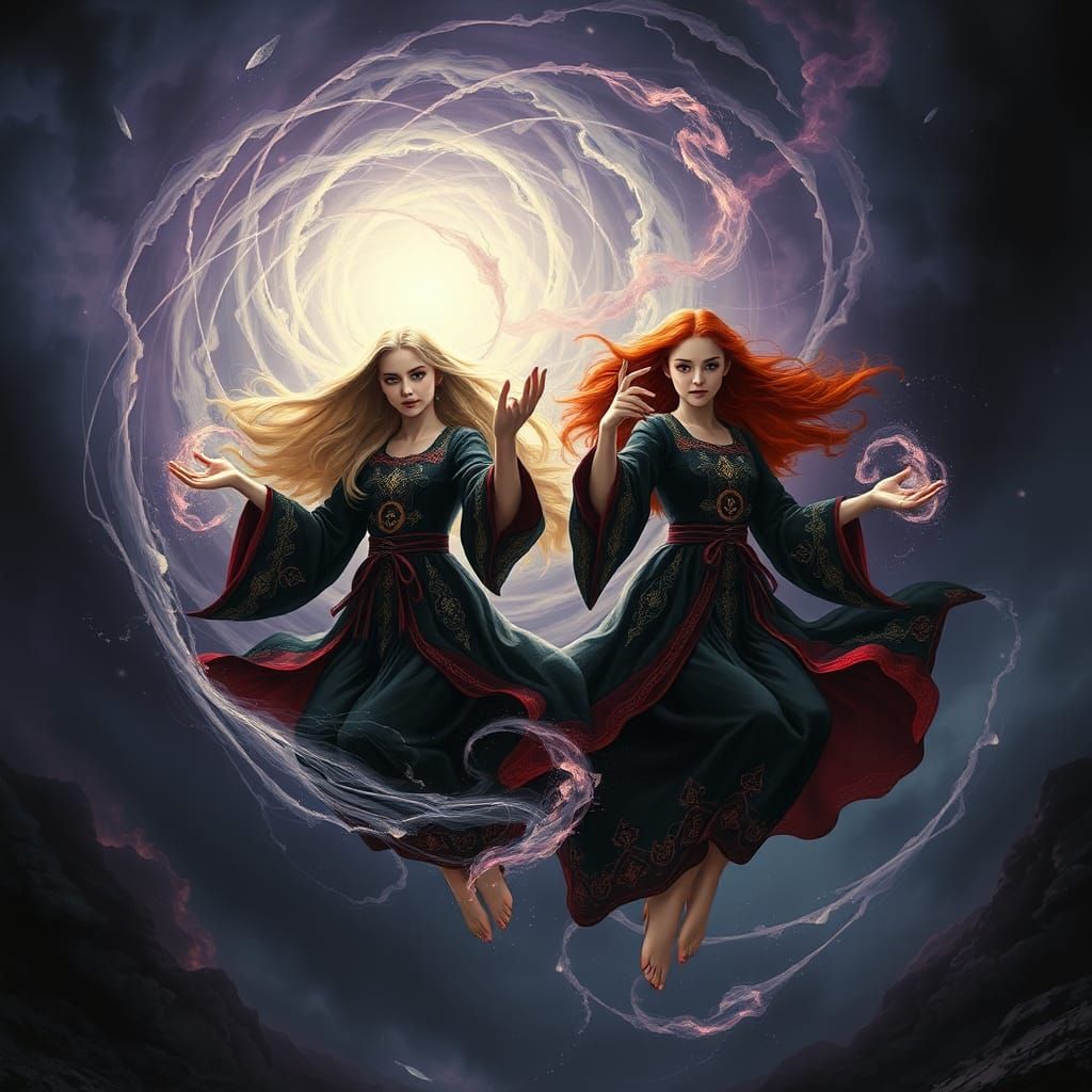 Twin Witches Casting Spells in a Cinematic Digital Painting