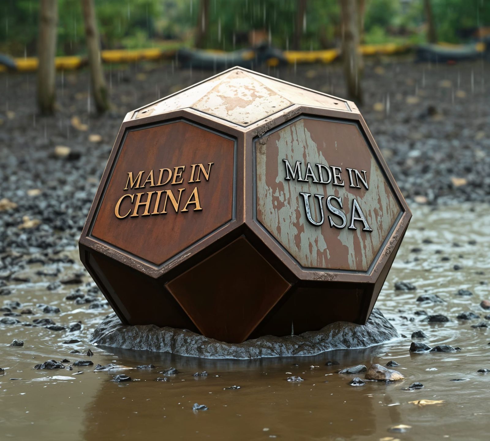 Hyperrealistic Rusty Steel Octahedron in Mud