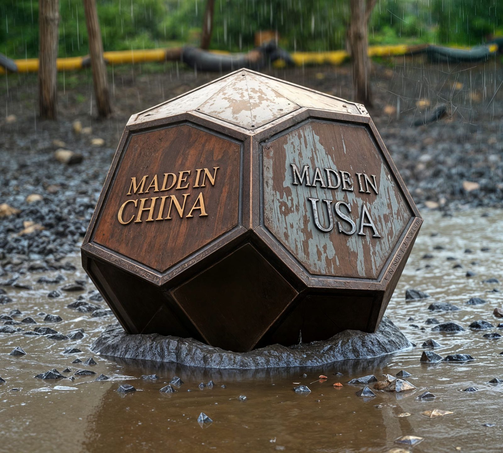 Giant Rusty Octahedron Stuck in Mud