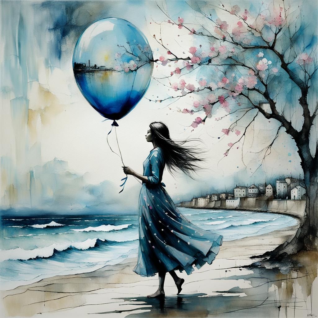 Coastal Dream: Girl with Balloon in Cherry Blossom Setting