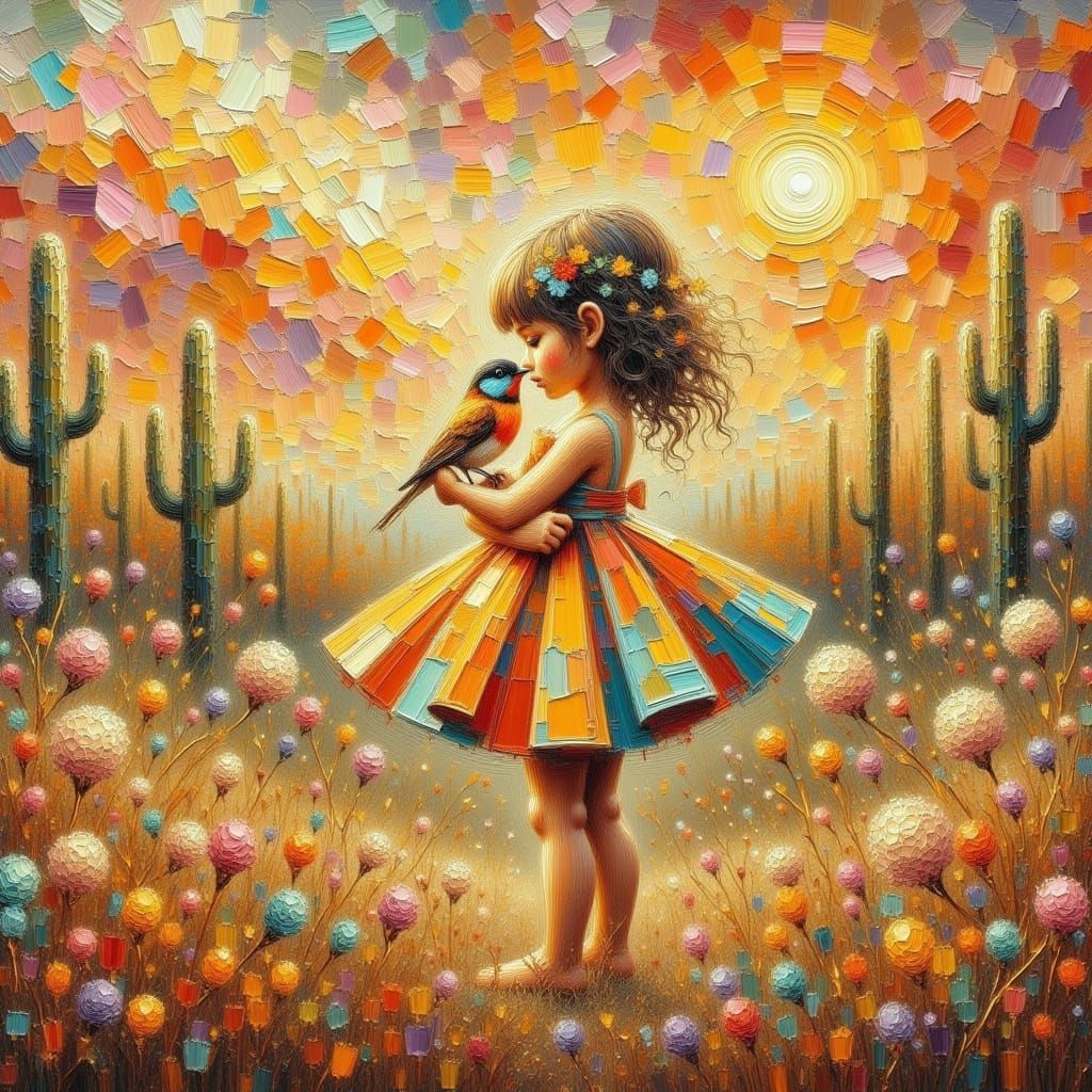Surrealist Desert Girl in Vibrant Sunset Landscape