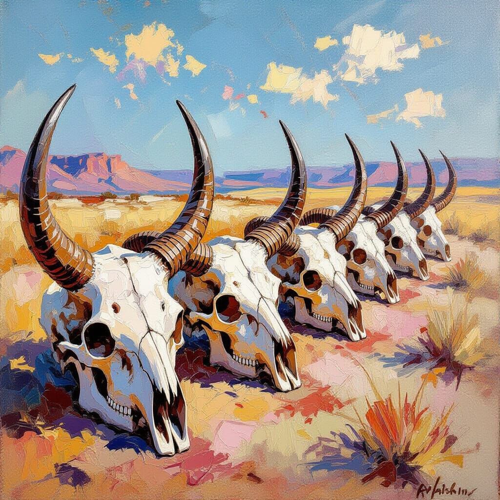 Desert Animal Skulls in Expressionist Oil Painting