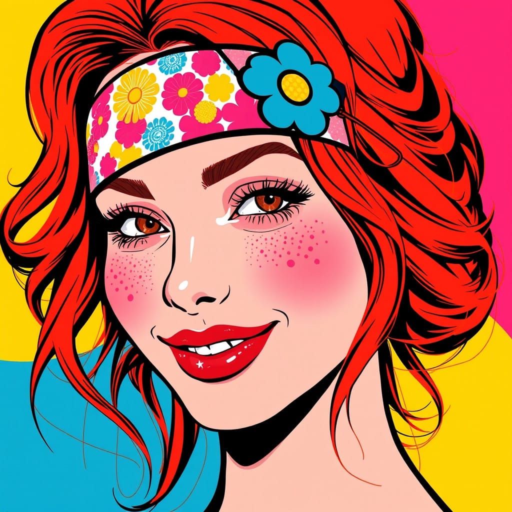 Vibrant Pop Art Portrait of Redhaired Beauty in Bold Graphic...