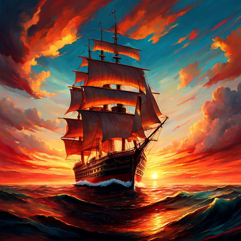 Grand Ship Sails into Crimson and Gold Horizon