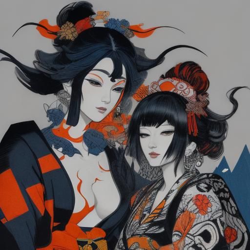 Travelers by Fire: Cubist Ukiyo-e Portrait