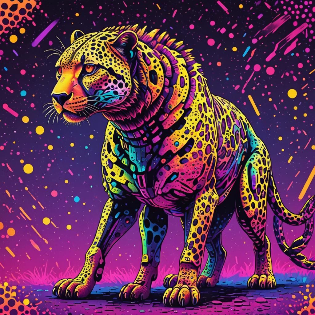Pointillist Cyborg Cheetah in Synthwave Neon