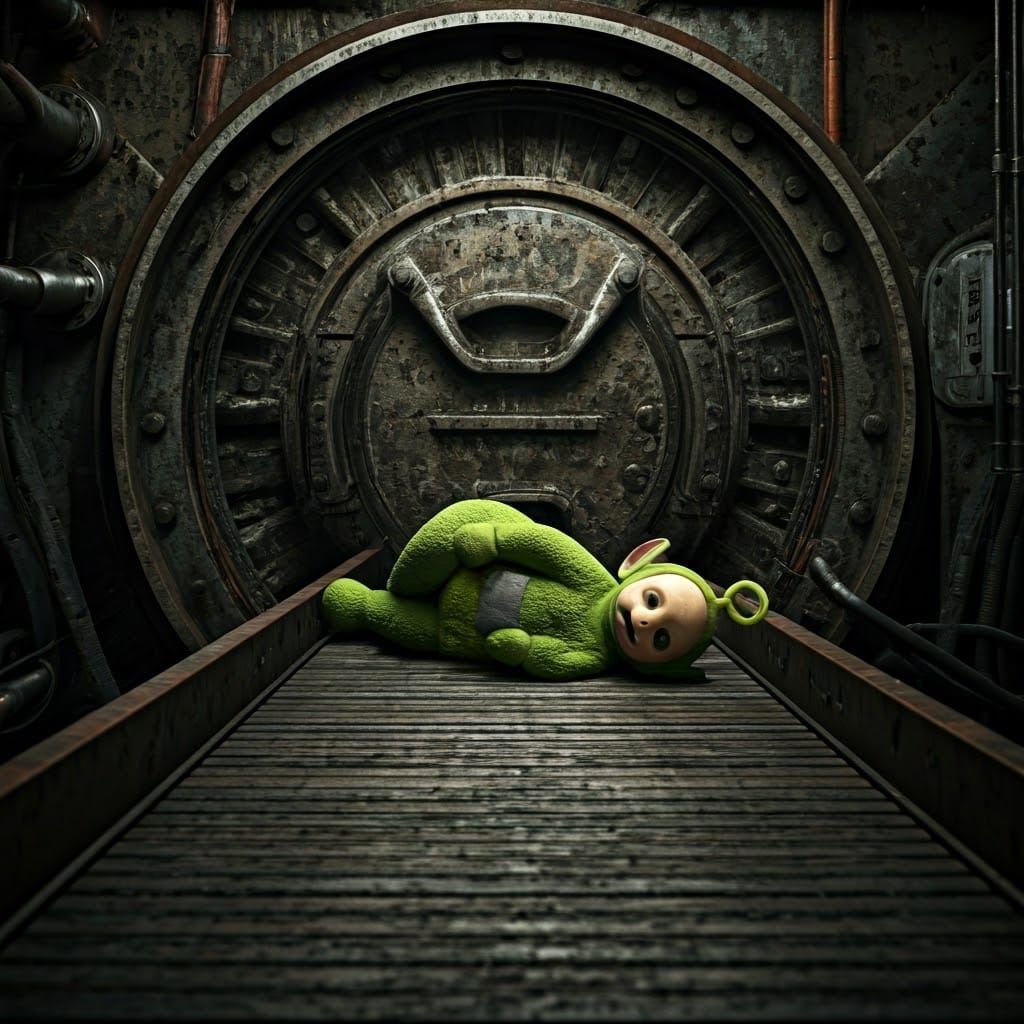 Injured Teletubby on a Dystopian Conveyer Belt