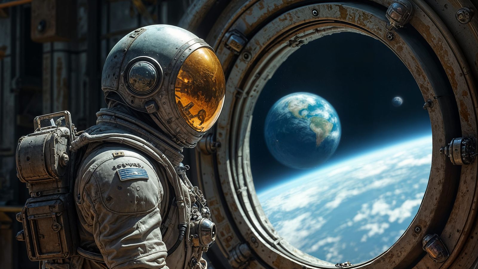 Astronaut Contemplates Home Planet Through Spaceship Porthol...
