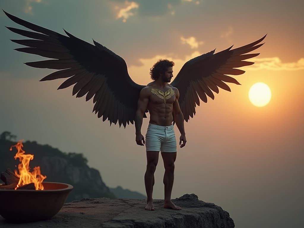 Dark Angel on Cliff at Sunset