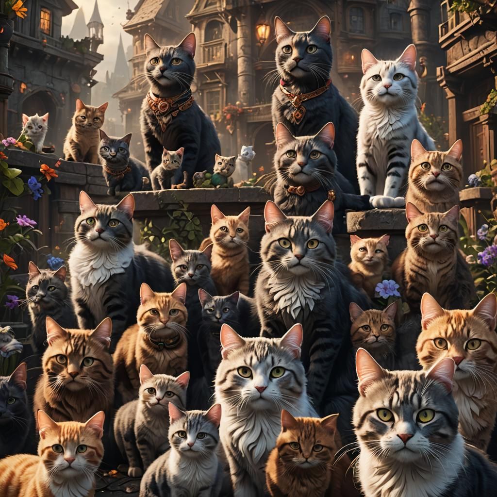 Intricate Fantasy Feline Family Portrait