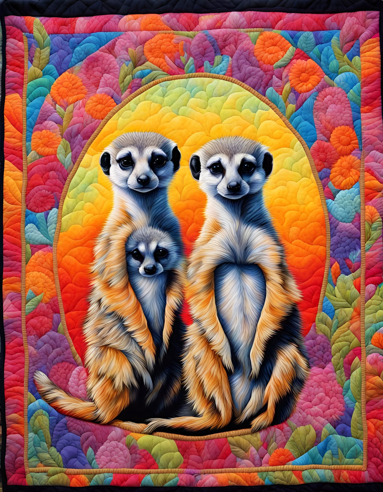 Meerkats on Quilt in Vivid Detailed Painting