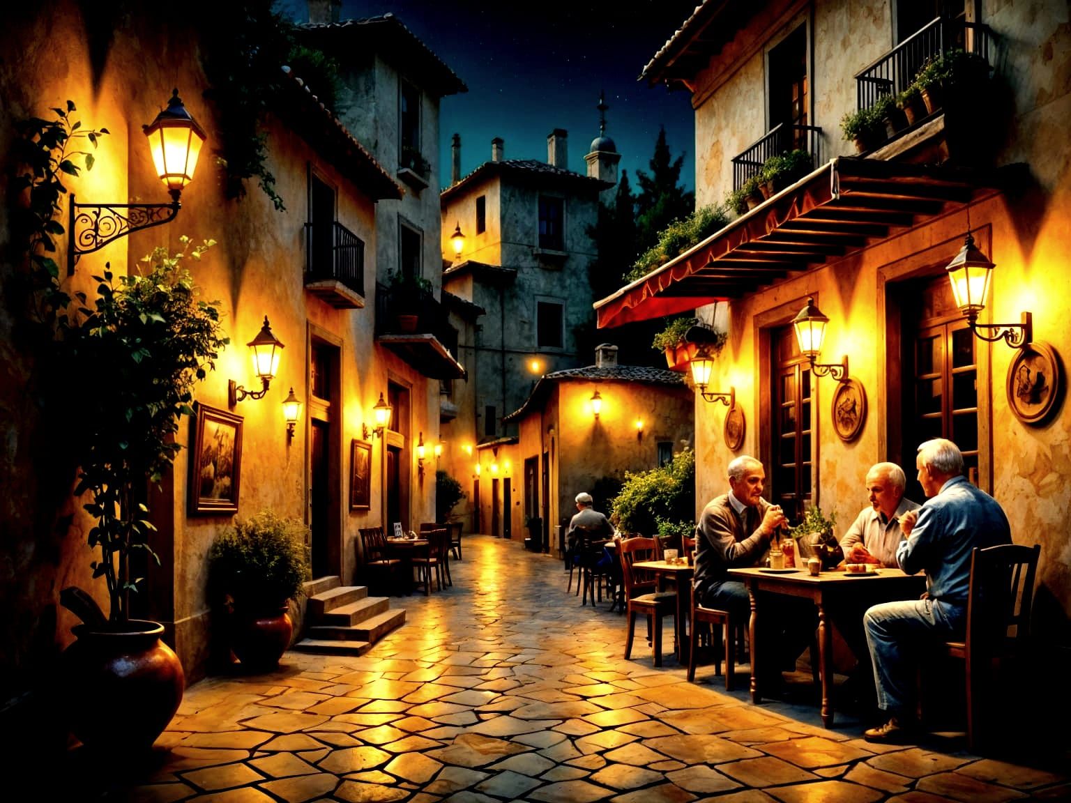 Greek Village at Night in Chalk Drawing Style