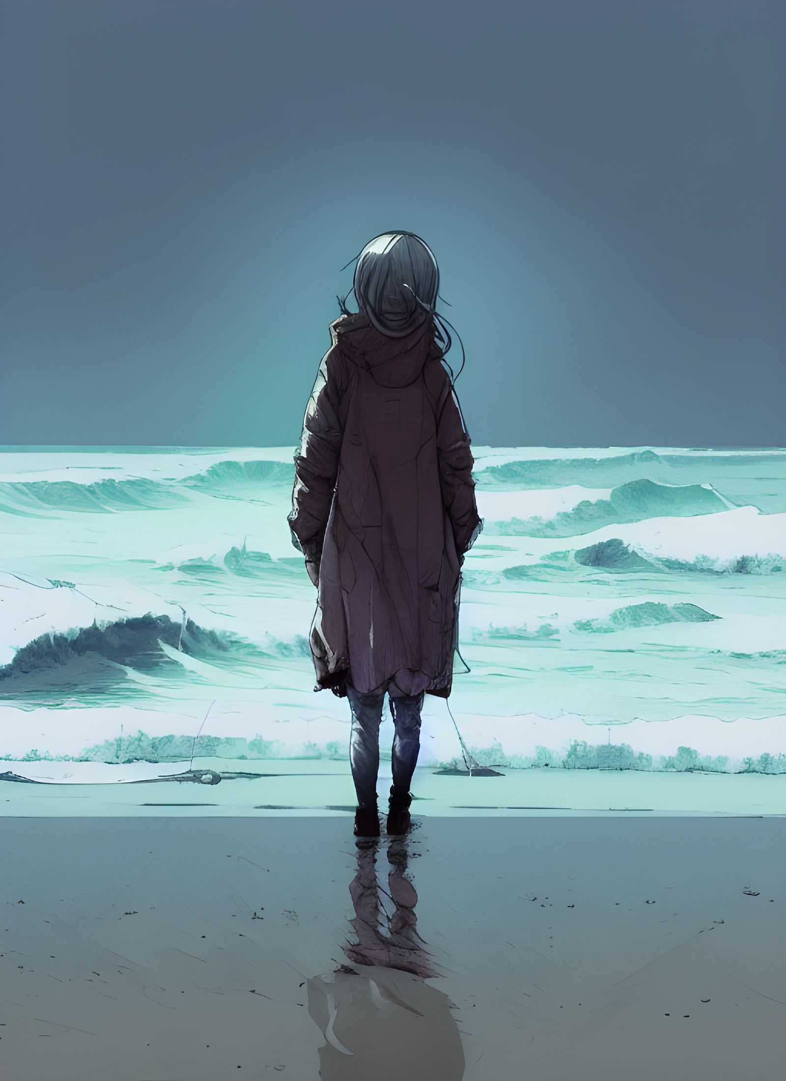 Girl at Winter Ocean: Sinister Watercolor Illustration