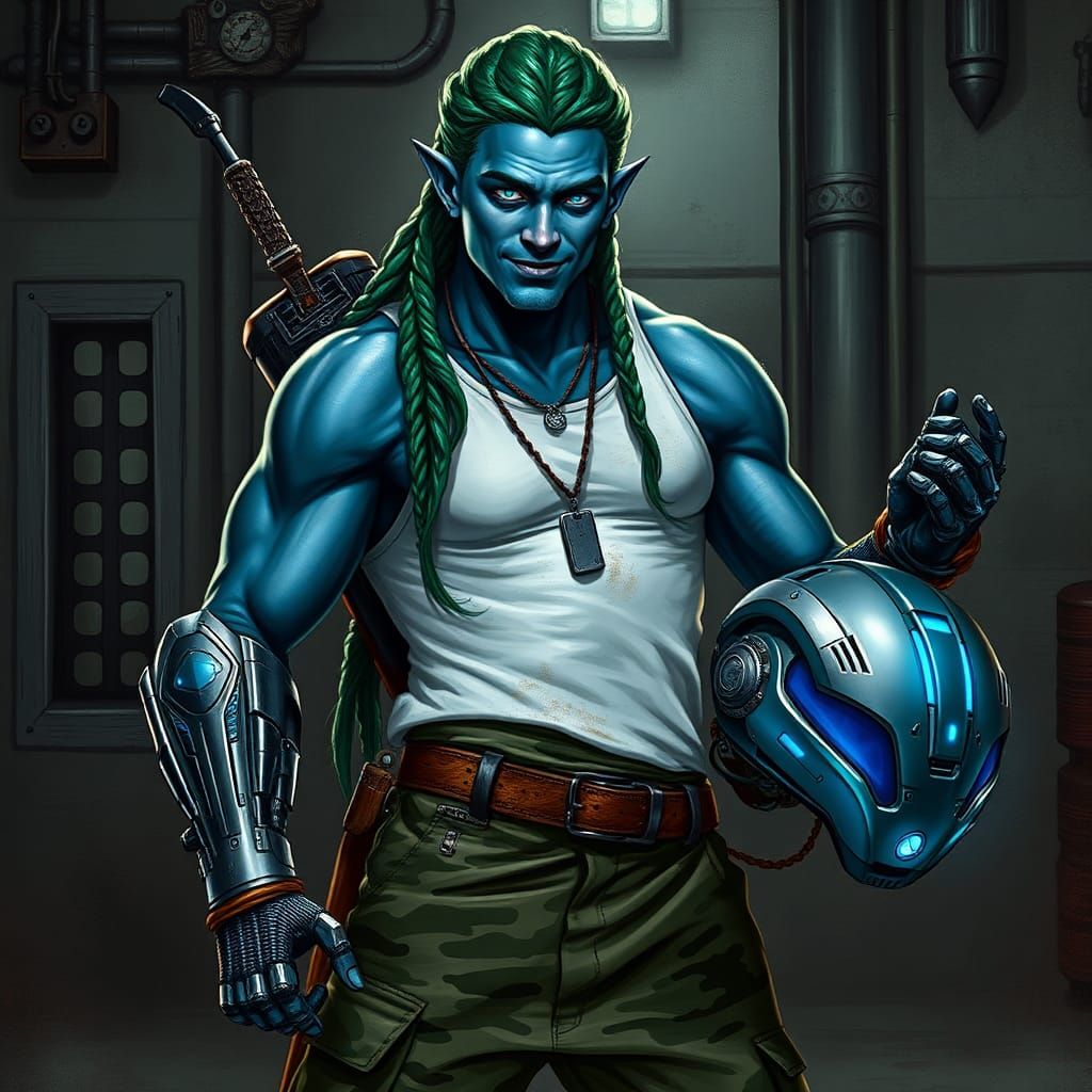 Elf Warrior with Cybernetic Arm and Space Helmet